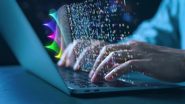 Futuristic concept of an AI-powered document management system (DMS). A businessman is working on a laptop with a virtual holographic interface displaying an artificial intelligence brain,