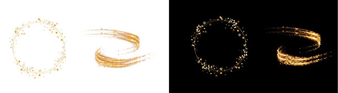 PNG image Collection of sparkling golden light trails and festive decorative circular frames featuring elegant winter elements on transparent background