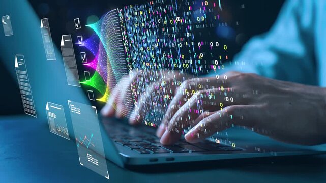 Futuristic concept of an AI-powered document management system (DMS). A businessman is working on a laptop with a virtual holographic interface displaying an artificial intelligence brain,