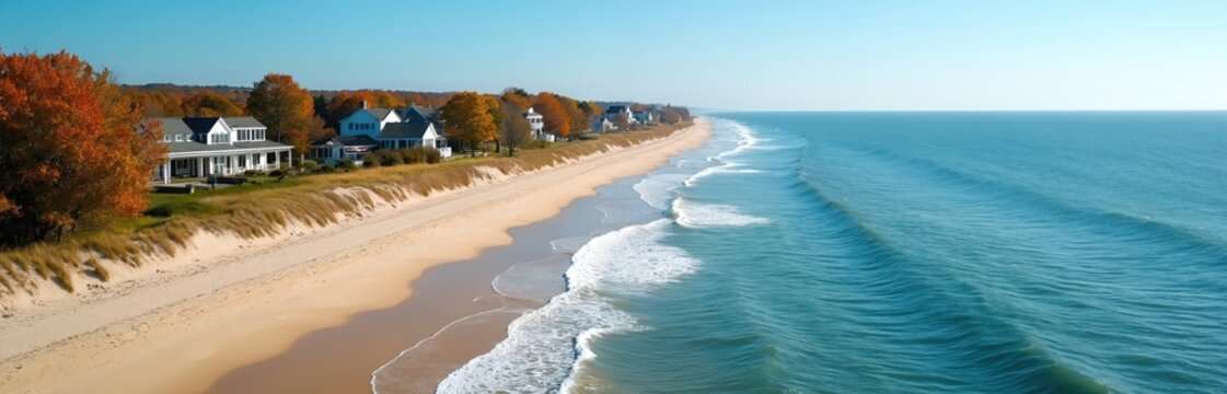 Coastal homes line a sandy beach on Long Island, with autumn trees and ocean waves under a clear sky. Residential area offers seaside views and peaceful atmosphere for relaxation.