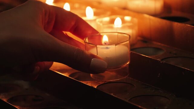 Candles burning warmly in church, hand of a praying person lights candles in a church. High quality 4k footage