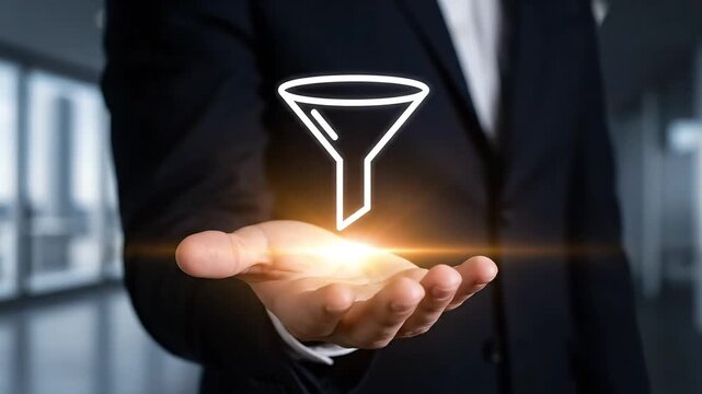 Businessman holds a glowing marketing funnel icon above his open palm in an office setting.
