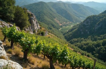 Rolling green hills covered with vineyards. Old grape bushes grow on limestone soil in a valley. Scenic mountain landscape ideal for wine production.