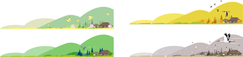 日本の四季の風景バナーセット 茅葺き屋根の古民家と里山の春夏秋冬 自然 ベクターイラスト © kawano