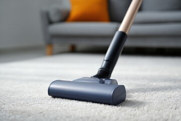 Vacuum cleaning carpet in modern living room with sofa background