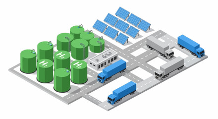 Fototapeta premium Industrial facility with storage tanks and solar panels.