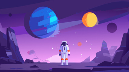 Astronaut stands on a rocky planet gazing at planets and a sun © SayanKumar