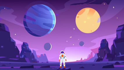 Astronaut gazing at distant planets in a vibrant purple space landscape © SayanKumar