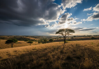Fototapeta premium Golden Savanna Landscape with Acacia Tree Dramatic Clouds and Sunburst.