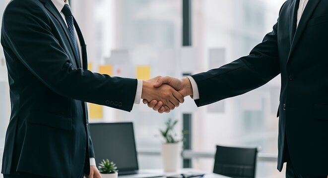 Two businessmen in black suits shaking hands in an office with a blurred background of a desk and window