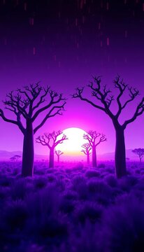 Electric violet baobabs stretch toward a binary sunset, a digital mirage on the plains,  nightscape,  exotic