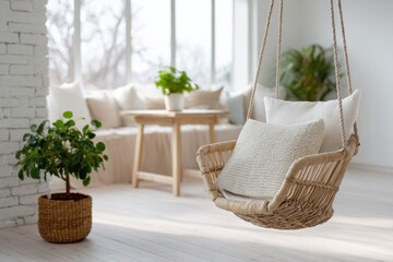 Fototapeta premium Cozy sunlit room with wicker swing and neutral decor