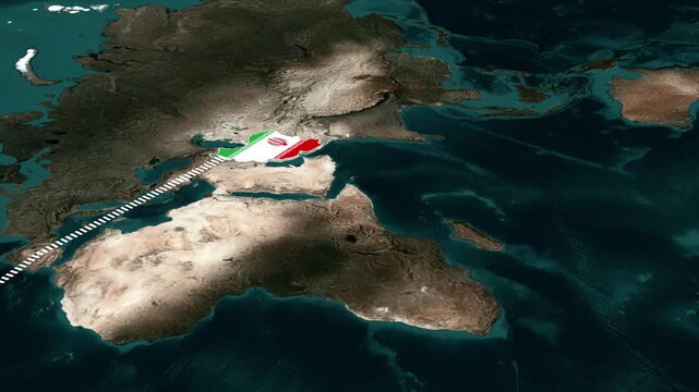 World Map Showing Strategic Distance Line Between United States and Iran Territory