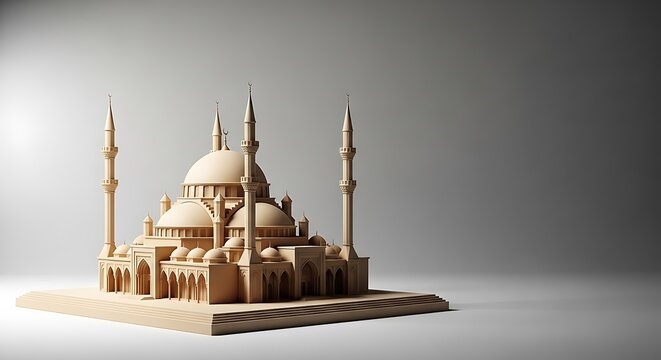 A detailed architectural model of an ornate mosque with domes and minarets on a light background