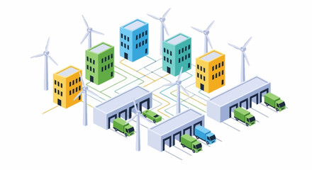 Fototapeta premium Sustainable industrial complex with wind turbines and eco-friendly buildings.