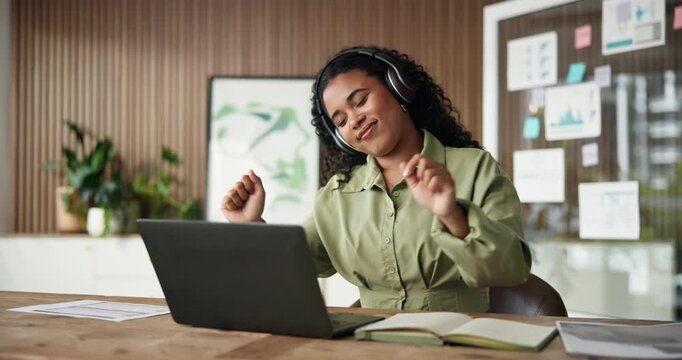 Headphones, laptop and businesswoman dancing in office with music, radio or playlist on break. Smile, computer and female creative editor listening to album with audio tech for groove in workplace.