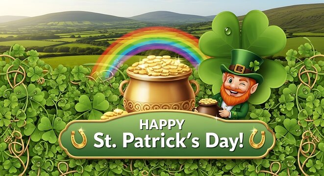 St Patricks Day celebration with leprechaun and pot of gold coins under rainbow over clover field