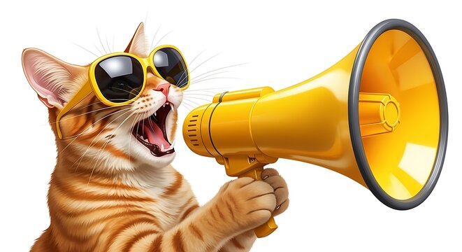 Stylish tabby cat uses a bright yellow megaphone to get attention