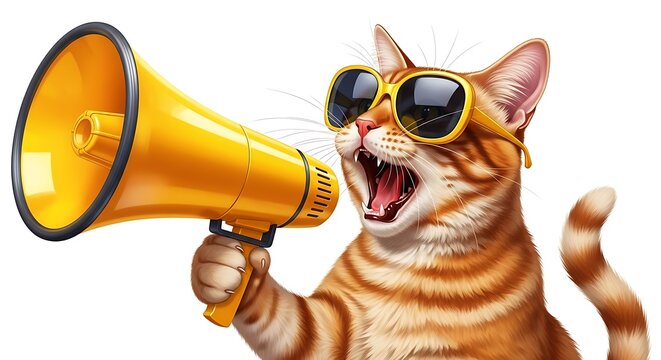 Vibrant tabby cat in cool shades loudly announcing a playful message