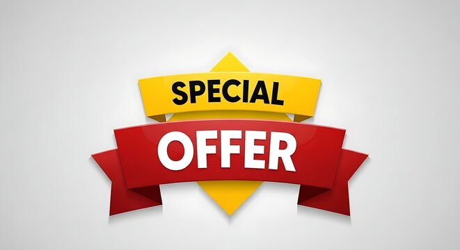 Special Offer Banner With Red Ribbon And Yellow Geometric Shape