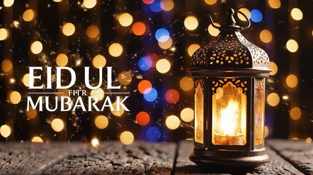 Eid ul fitr mubarak with lantern on wooden table and bokeh lights