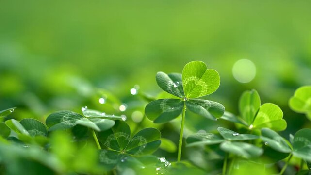 A close-up shot of green clovers, with droplets, with a blurred background, highlighting one in focus