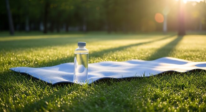 Yoga mat and water bottle on green grass in park at sunrise