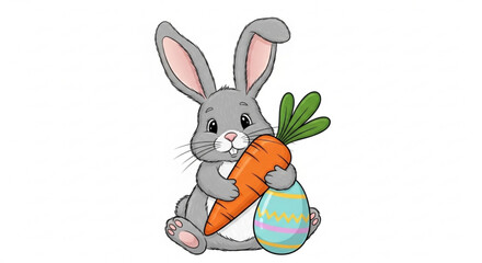 Obraz premium Gray Easter Bunny Holding Carrot and Egg, Cartoon Character, Isolated on White Background