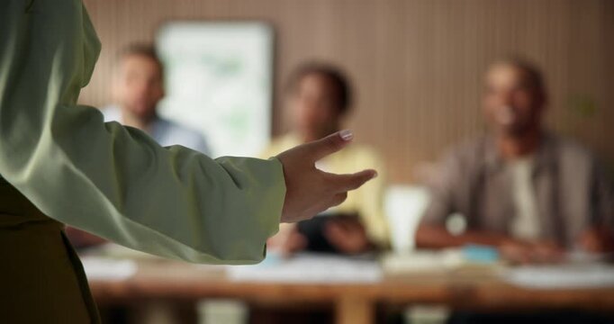 Hand, presentation and woman in meeting for brainstorming, negotiation and pitch for story ideas. Copywriting, speaker and journalist in office, planning and discussion for news report publication