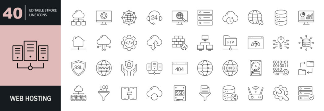 Web hosting icon set. Editable line icons. Vector illustration.
