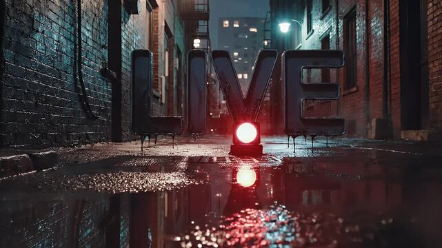 A stylized cinematic image of a wet alley at night with the word "LIVE" in large letters