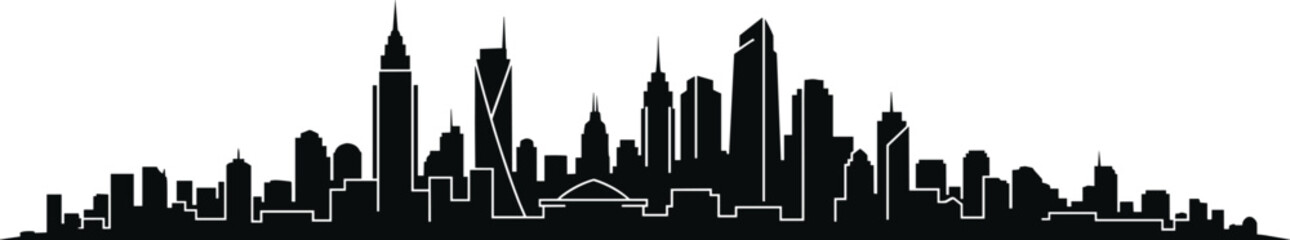 Obraz premium Detailed urban city panorama silhouette with various building shapes and office towers on transparent grid background for professional graphic art