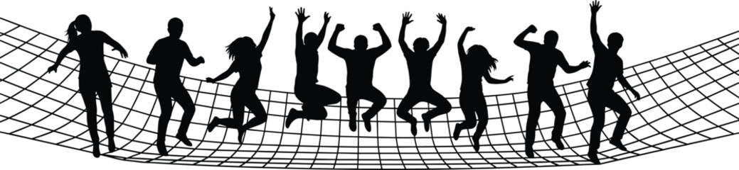 Silhouette of active diverse people jumping and bouncing on safety net during group recreation activity isolated on checkered background vector © allustra