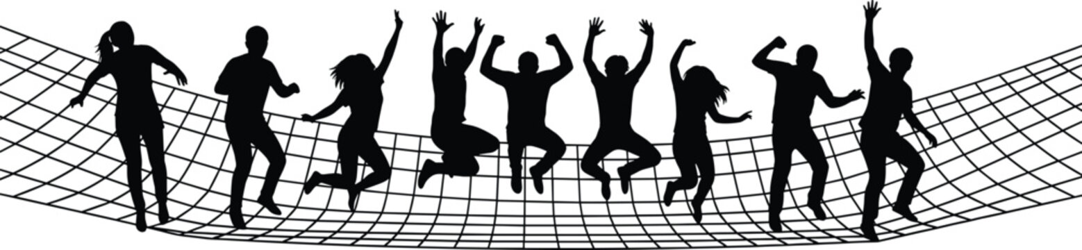 Silhouette of active diverse people jumping and bouncing on safety net during group recreation activity isolated on checkered background vector