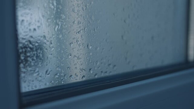 Condensation water droplets on cold window glass. Close-up moisture on foggy window from temperature difference. Concept humidity, indoor climate, cold weather, autumn or winter atmosphere.