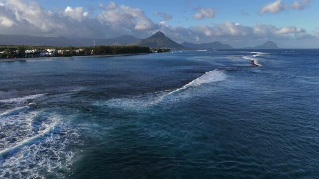 4K Aerial Drone View of Flic en Flac Beach, Mauritius &ndash; Coral Reef and Mountain Coastline