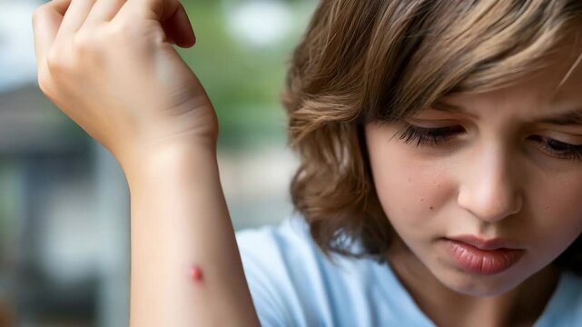 Young caucasian woman examining red bug bite on her arm, itching skin reaction from insect or parasite, skin care with irritation.