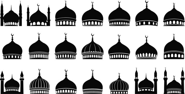 Set of 20 Islamic mosque dome and minaret silhouette vector icons showcasing diverse architectural styles for cultural design projects