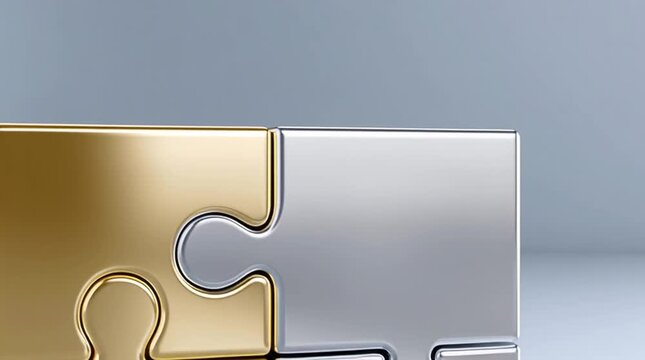 Connected Pieces: Two puzzle pieces, one gold and one silver, interlock seamlessly, symbolizing unity, partnership, and the power of connection.  