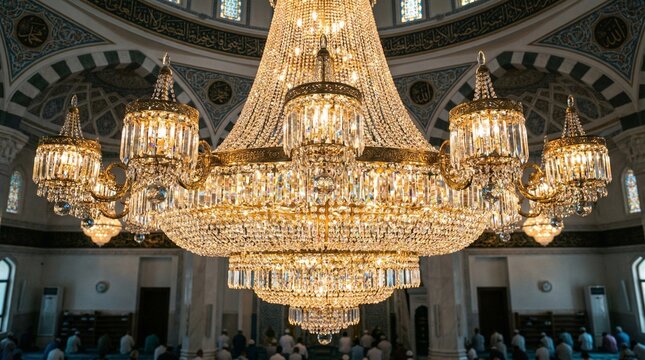 Majestic crystal chandelier in ornate mosque interior with worshippers