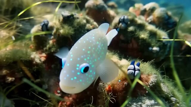Juvenile spotted drum fish in natural habitat swimming among underwater plants and coral reefs