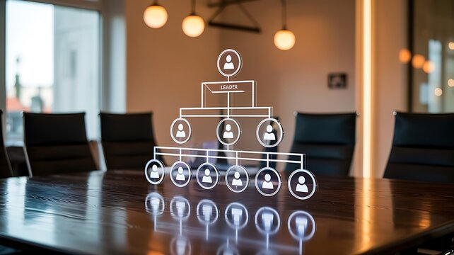 Organizational hierarchy chart displayed digitally with leader at top and team members below in office meeting room setting illustrating corporate structure and management chain of command teamwork