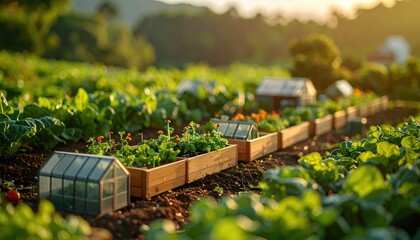 FlyPro Firefly miniature diorama of a sustainable farm, showcasing tiny greenhouses and composting bins, rendered in photorealistic DSLR style with verdant foliage.