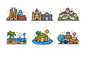 Fototapeta premium Colorful travel landmark icons set featuring cathedral architecture, coastal village, seaside promenade, tropical island, and tourist camera gear