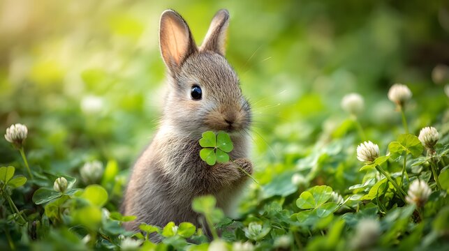 四つ葉のクローバーを持つ子うさぎ 春の幸せを象徴する可愛い動物イメージ