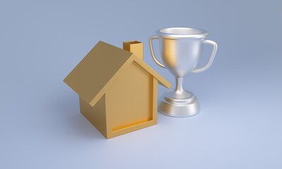 Golden house building with silver trophy