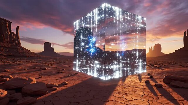A luminous, grid-like cube stands amidst a desert landscape under a dramatic, painted sky