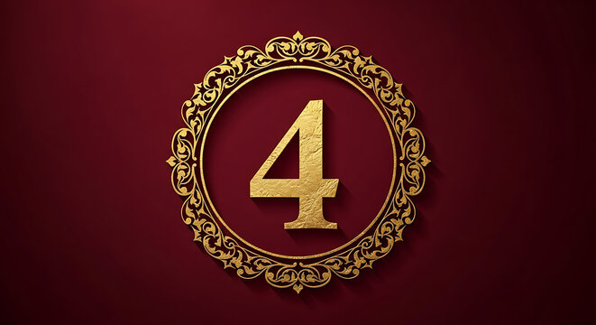 Golden number four ornament on red background viewed from straight on