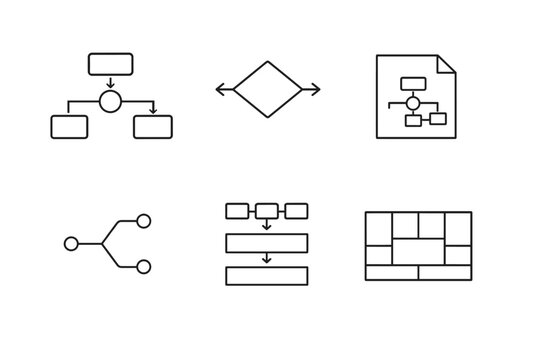 Set of minimalist black line diagram icons showing flowchart, decision diamond, document diagram, branching tree, process steps, and grid layout blocks