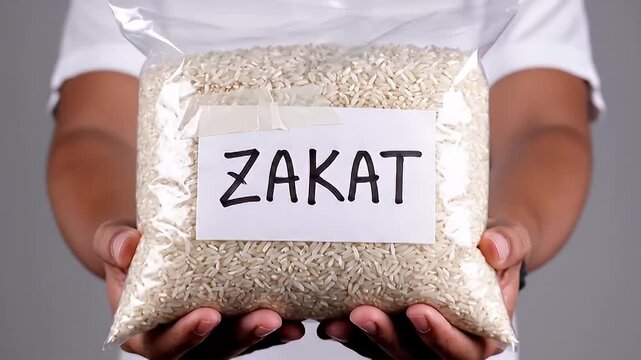Muslim Hands Offer Rice Bag Labeled Zakat for Charity and Donation Distribution During Ramadan or